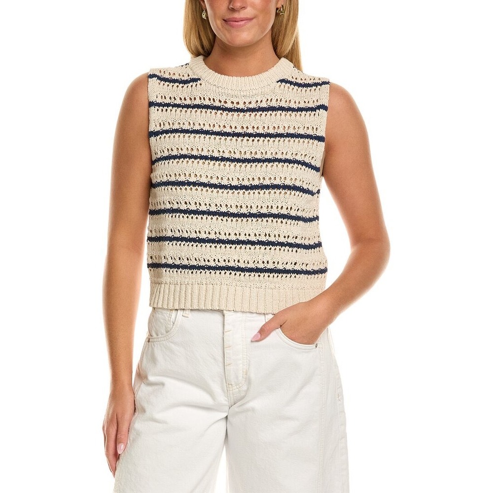 Velvet by Graham & Spencer Striped Pointelle Knit Sweater Vest Cream Navy Blue M